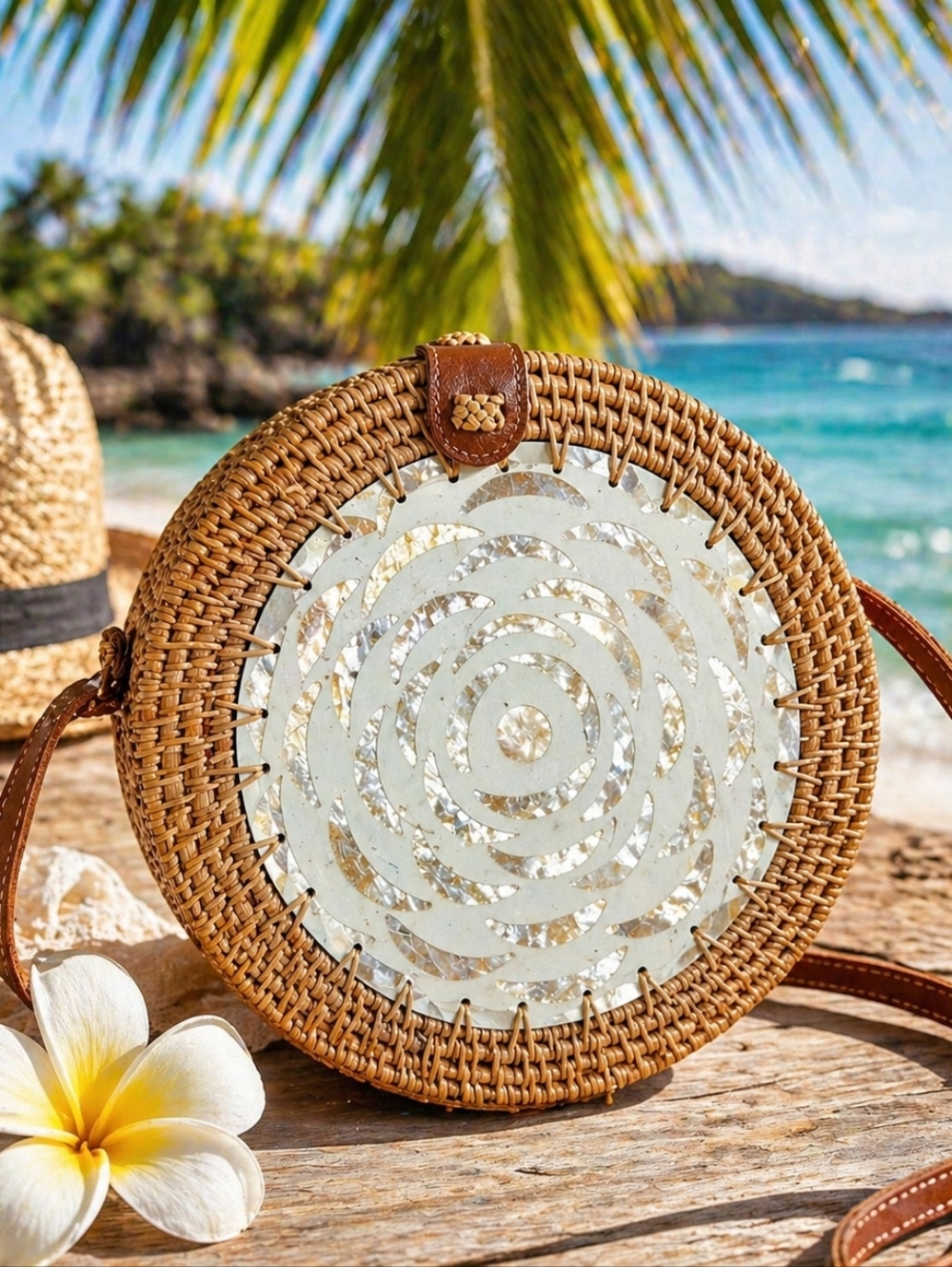 Handmade Balinese Round Rattan & Capiz Shell Crossbody Bag | Boho Beach Vacation
